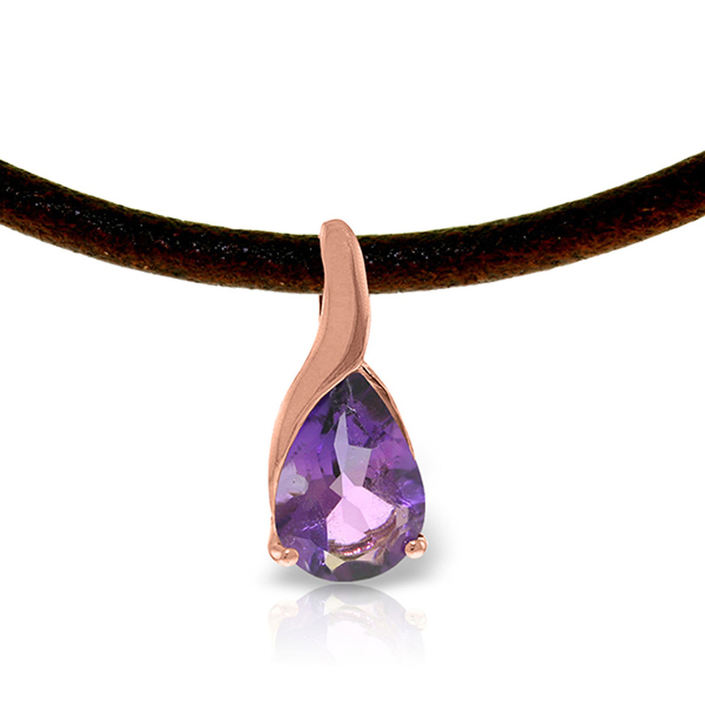 14K. GOLD & LEATHER NECKLACE WITH NATURAL AMETHYST (Rose Gold) - Picture 1 of 2